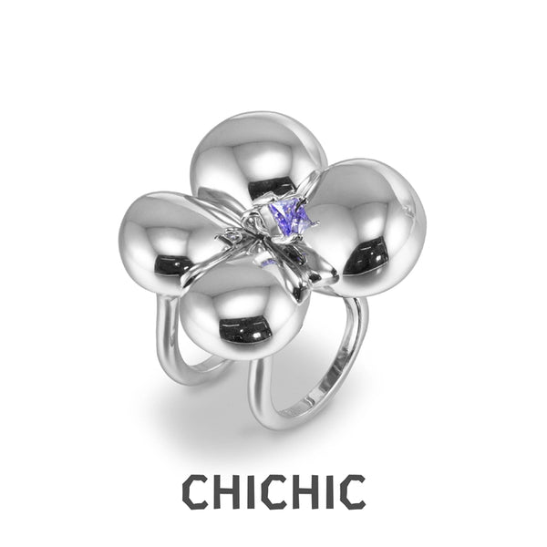 Purple Gem Balloon Flower Ring, Open Adjustable Ring, Blossom